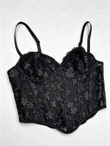 1pc Floral Lace Mesh Corset Style Spaghetti Strap Crop Top, Full Bust Support, Lace Corset, Suitable For Nightclub Outfits - Black - View 10
