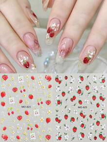 2 pezzi Adesivi per unghie a rilievo 5D a forma di fragola, decalcomanie per unghie estive con frutta e fiori carini e freschi, eleganti toppe autoadesive per unghie con motivi floreali, accessori per la decorazione fai-da-te del design delle unghie estive - Multicolore - Visualizzare 2