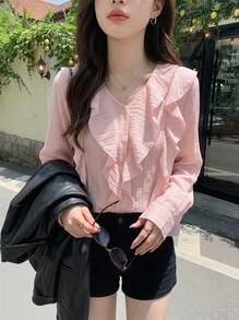2026春夏浅粉色荷叶边V领纽扣休闲衬衫，适合18-35岁女性，非常适合情人节、复活节、母亲节、户外早午餐、休闲聚会、周末活动等场合。 - 粉色 - 查看 1