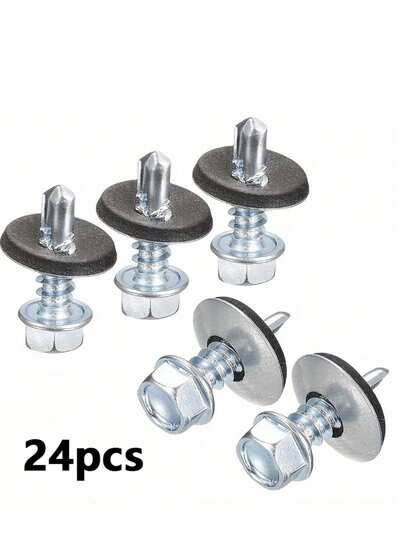 24個重型自動螺絲 - 防水防鏽墊圈，4.8mm X 19mm，十字槽，鍍鋅表面，外六角，5級，碳鋼緊固件，用於安全安裝