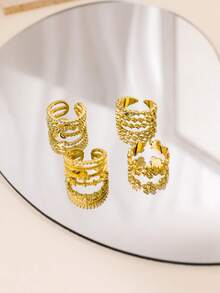 4pcs/Set Fashionable Gold Star & Moon Open Ring Set, Suitable For Daily Wear Or Gift For Friends - Yellow Gold - View 6