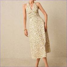 Vestido maxi con estampado floral romántico, escote halter y cintura fruncida, adecuado para vacaciones, bodas, fiestas de verano. Vestido de mujer con estampado floral pequeño, escote halter y cintura fruncida, ideal para verano, playa, primavera, Pascua, eventos. - Azul y blanco - Ver 7