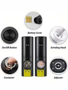 Máy xay tiêu và muối điện (1/2 chiếc), dùng pin, điều chỉnh độ mịn, xay tự động, thích hợp cho tiệc nướng, nhà hàng, nhà bếp - Có thể xay tiêu đen, tiêu trắng, muối biển, thì là. - màu đen - Xem 11