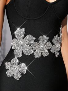 Bernatova Women Sexy Strapless Maxi Bandage Dress With Handmade Rhinestone Flower Decor , Elegant Party Celebrity Form-Fitting Bodycon Cocktail Dress Black - Black - View 8