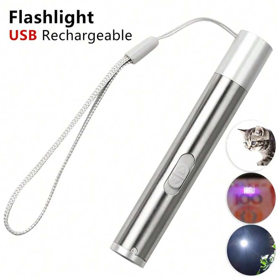 KENSUN 1PC Portable Flashlight Powerful UV Flashlight USB Rechargeable Multifunctional Detector Props Gifts Pet Home Child Teachers Accessory - Silver - View 1