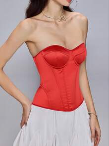 Bonmuse Satin Bandeau Corset With Built-In Cups, Back Lace-Up, Boning Shaping, Vintage Hot Girl Style, Suitable For Daily / Party / Date Wear - Red - View 2