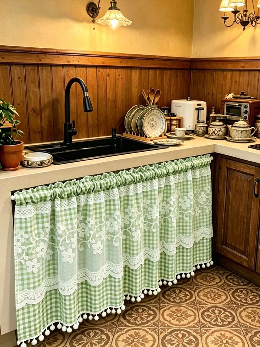 1PC Plaid Kitchen Short Curtain With Lace Trim And Pom Pom Decoration, Rod Pocket Sink Cabinet Curtain, American Country Pastoral Style Half Curtain, Suitable For Kitchen / Cafe / Bedroom Decorative Curtains - Green - View 1
