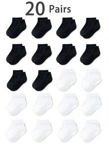 20 Pairs Baby Solid Color Short Socks, Suitable For Daily Wear, Toddler Unisex Children's Socks, Comfortable And Breathable, Black And White Color Scheme. - Multicolor - View 13