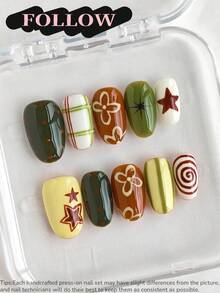 10 piezas de uñas postizas cortas ovaladas hechas a mano, estilo lindo, verde, marrón, amarillo, patrón de rayas, flores y estrellas pintadas a mano, adecuadas para mujeres y niñas para uso diario, fiestas, oficina, set de arte de uñas reutilizable con herramientas para uñas - Verde Lima - Ver 2