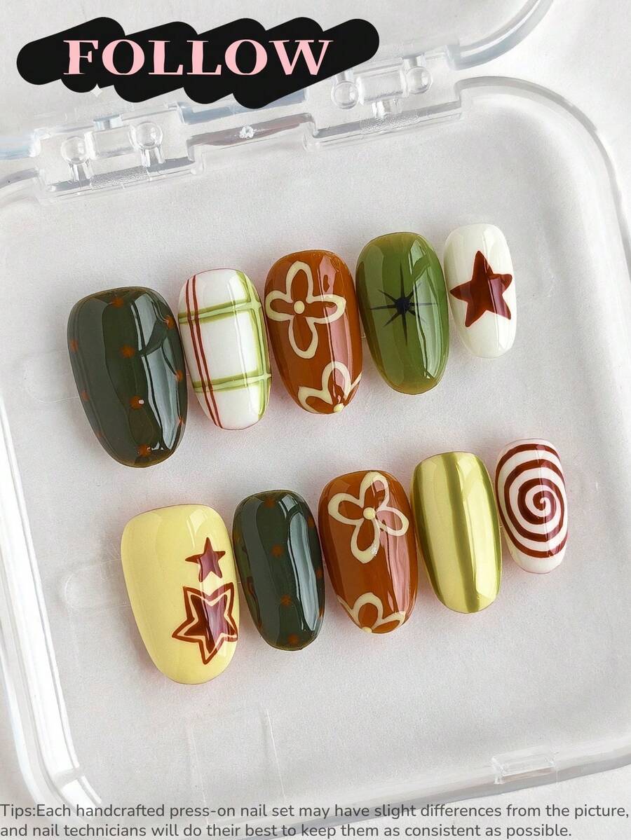 10 piezas de uñas postizas cortas ovaladas hechas a mano, estilo lindo, verde, marrón, amarillo, patrón de rayas, flores y estrellas pintadas a mano, adecuadas para mujeres y niñas para uso diario, fiestas, oficina, set de arte de uñas reutilizable con herramientas para uñas