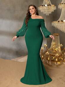 Elisanya Vestido de gala elegante de talla grande con hombros descubiertos, mangas farol halagadoras y falda de sirena impresionante - Perfecto para noches sofisticadas en grandes bodas, galas benéficas de alta gama, ceremonias de premios prestigiosas, cenas de negocios formales y celebraciones de Año Nuevo de lujo - Verde Oscuro - Ver 1
