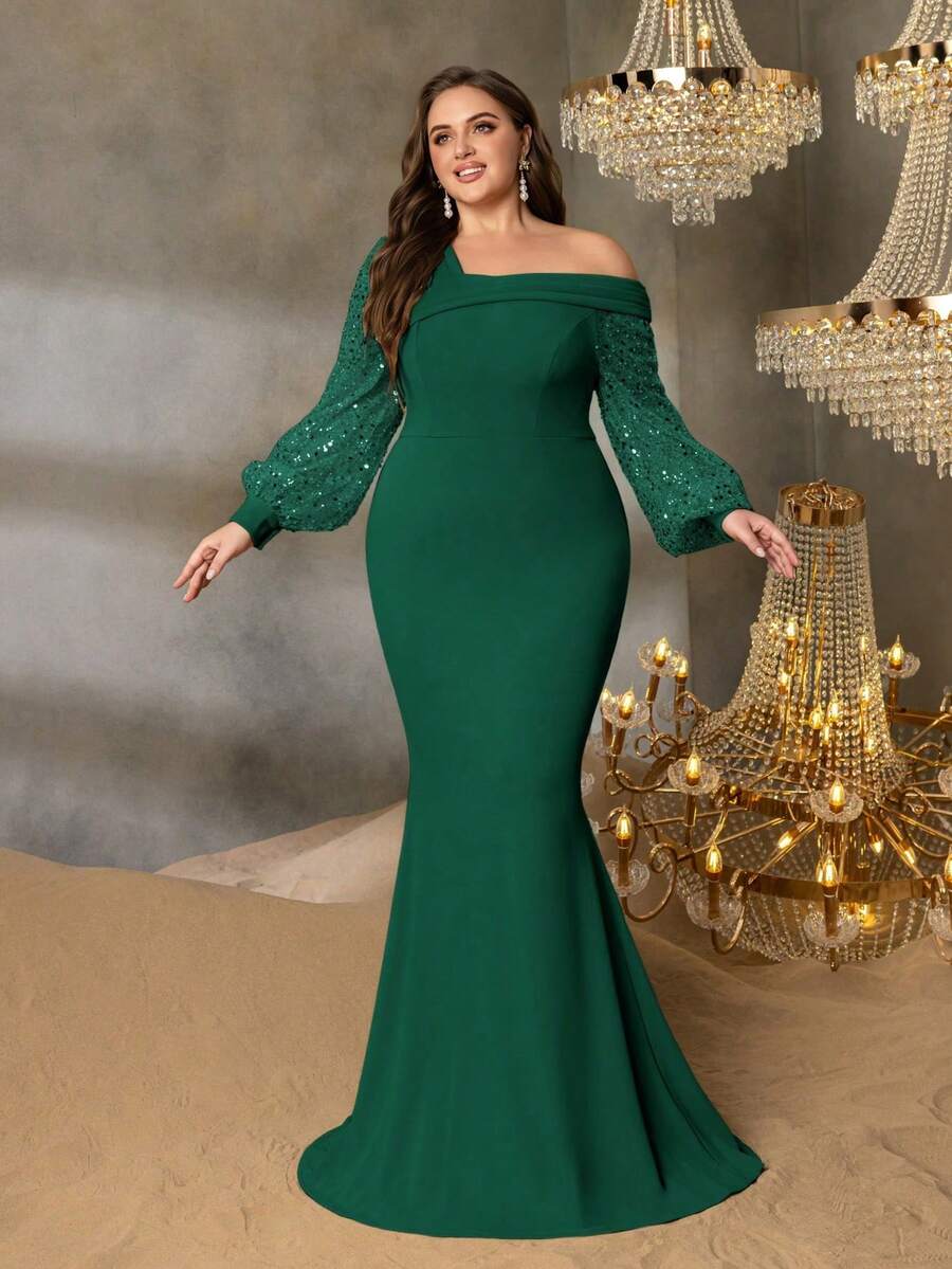 Elisanya Vestido de gala elegante de talla grande con hombros descubiertos, mangas farol halagadoras y falda de sirena impresionante - Perfecto para noches sofisticadas en grandes bodas, galas benéficas de alta gama, ceremonias de premios prestigiosas, cenas de negocios formales y celebraciones de Año Nuevo de lujo - Verde Oscuro - Ver 1
