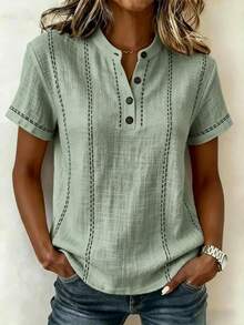 2026 Summer Loose Casual Printed Button Stand Collar Short Sleeve Women's Shirt - White - View 9