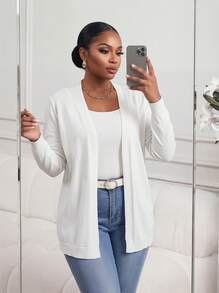 SHEIN Lady CURVE Plus Size Solid Casual Design Cardigan,Women Clothes Spring - White - View 4