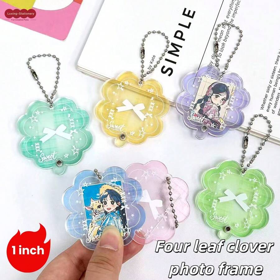 Lucky Four-Leaf Clover 1-Inch Photo Frame Keychain, Idol Photo Card Holder Set, Elevator Card Holder, High Definition, Scratch-Resistant - A - View 1