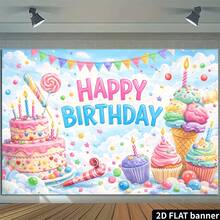 2D Flat Birthday Party Banner Background, Happy Birthday Theme, Featuring A Double-Layer Cream Cake, Cupcakes, Ice Cream Cones, Lollipops, And Colorful Triangular Pennant Flags, Paired With Candy Polka Dot Star Decorative Elements. Made From Durable, Backdrop, Party Decoration Backdrop, Tapestries, Tapestry,, Home Decor. - Nhiều màu - Xem 8