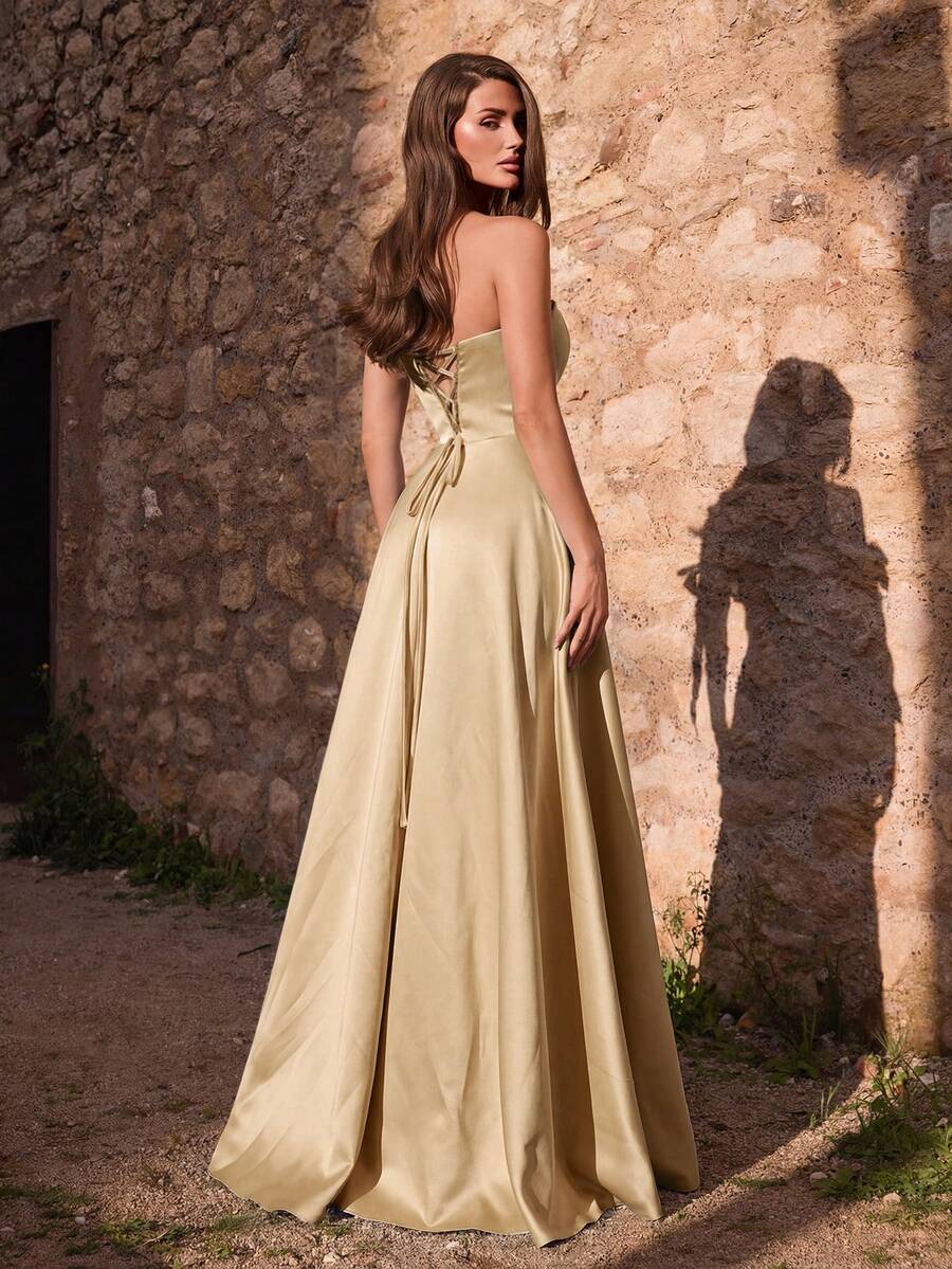 Faeriesty 女款優雅抓褶緊身高衩晚禮服 春夏正式洋裝 秋季 - 香檳色 - 查看 1