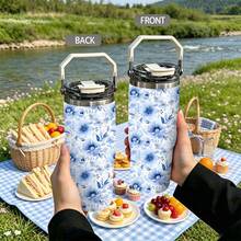 1/5pcs 30oz Large Capacity Insulated Tumbler, Blue Watercolor Floral Print, Dual-Use Flip Lid, Leak-Proof Seal, Suitable For Summer Outings, Camping And Daily Use, Great Gift - Blue Watercolor Floral Pattern - View 5