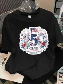 Camisa de mujer de manga corta y cuello redondo con estampado del logo que conmemora el 50 aniversario de la unificación de los Estados Unidos, apta para todas las estaciones. - Negro - Ver 1