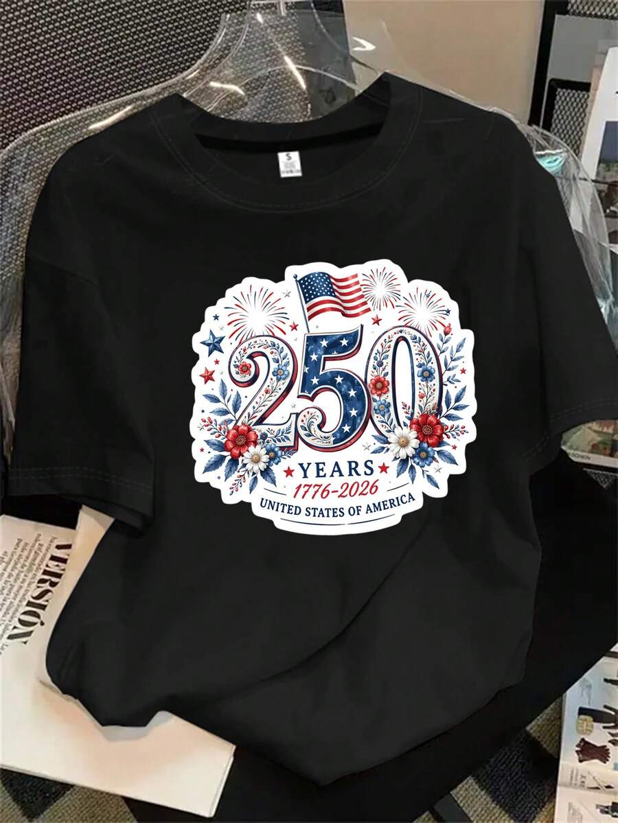 Camisa de mujer de manga corta y cuello redondo con estampado del logo que conmemora el 50 aniversario de la unificación de los Estados Unidos, apta para todas las estaciones. - Negro - Ver 1