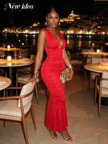 NEW IDEA Women's Sexy Elegant Red Summer Dress, Sleeveless Fitted Evening Gown, Suitable For Dinner, Party And Formal Occasions - Red - View 2