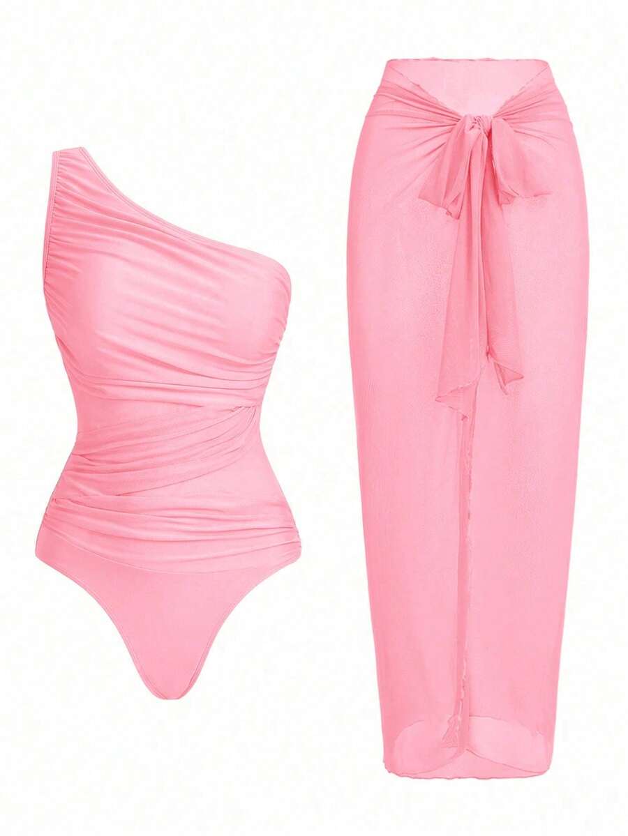 Swim Oasis One-Piece Swimsuit With Solid Color Ruched Mesh Panel And Sarong Skirt - Coffee - View 1