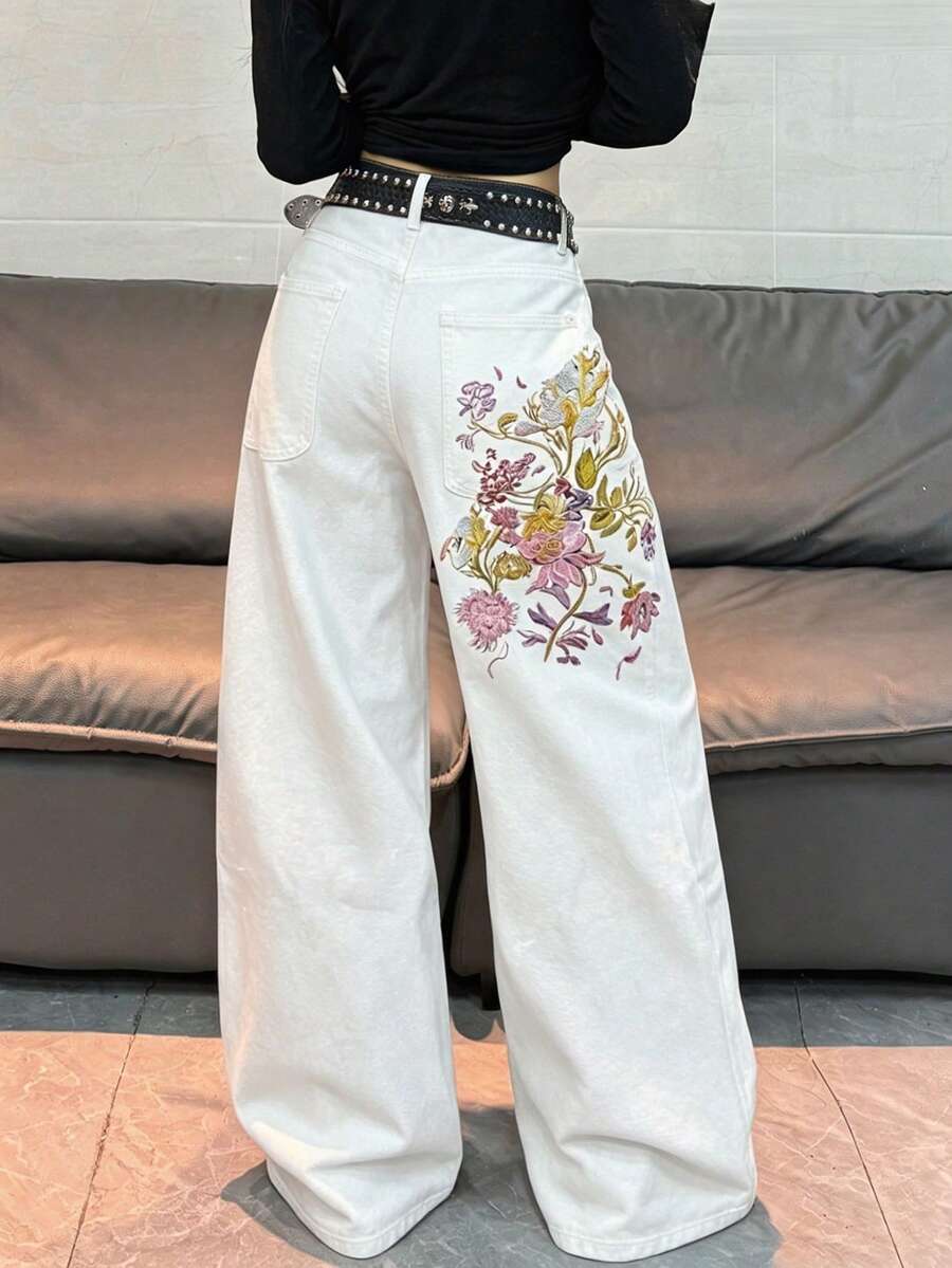 1件女款美式街頭風刺繡寬鬆寬腿牛仔長褲,四季皆宜休閒白色 - 白色 - 查看 1