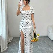 dahkjdgajy  Vestido de verano de manga corta para mujer, vestido de vacaciones con estampado digital, vestido de playa y vacaciones con bajo con abertura, vestido largo con fruncido en la cintura - Blanco y Negro - Ver 1