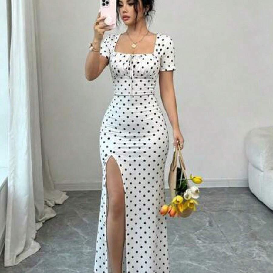 dahkjdgajy  Vestido de verano de manga corta para mujer, vestido de vacaciones con estampado digital, vestido de playa y vacaciones con bajo con abertura, vestido largo con fruncido en la cintura - Blanco y Negro - Ver 1