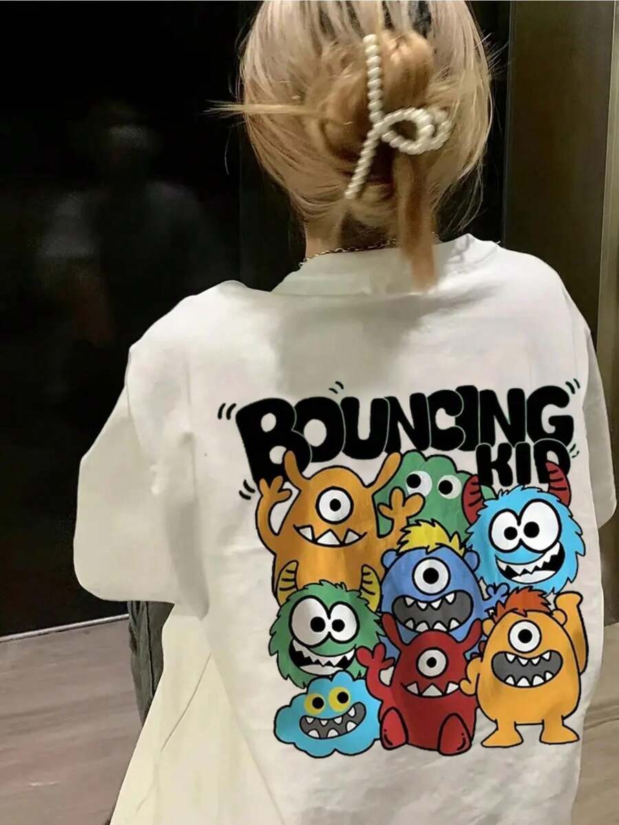 Cute Y2K Style Summer Top.1pac.Cute Y2K Style Summer Top.Women's White T-Shirt, 100% Cotton - Back Print With "Jump" Lettering - Loose Fit, Casual For Everyday And Themed Occasions - Anime Monster Pattern Top - Comfortable And Fashionable Tee For All Seasons, Fun Cartoon Design, Durable Material, T-Shirt.Perfect For Casual Wear - 白色 - 查看 1