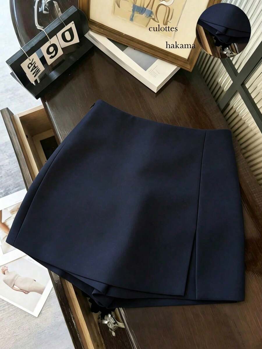 Women's High-Waisted Shorts/Skirt/Culottes Made Of Soft, Textured Fabric With A Slit, Versatile For Work Or Casual Wear, In Grey, For Spring/ - 香檳色 - 查看 1