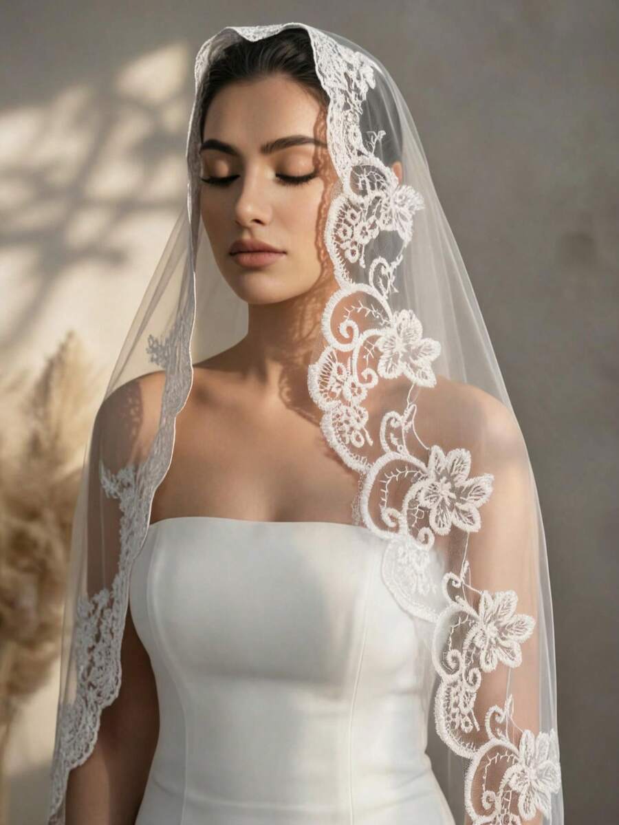 1pc Ivory Embroidered Elegant Cathedral Train Long Soft Mesh Veil, 2025 Lace Bridal Veil Fall Clothes For Women - White - View 1