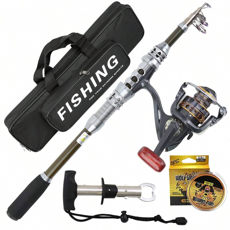 Carbon Fiber Fishing Rod & Reel Combo With Metal Spool Fishing Line Fish Gripper Double Layer Storage Bag All-Water Portable Kit