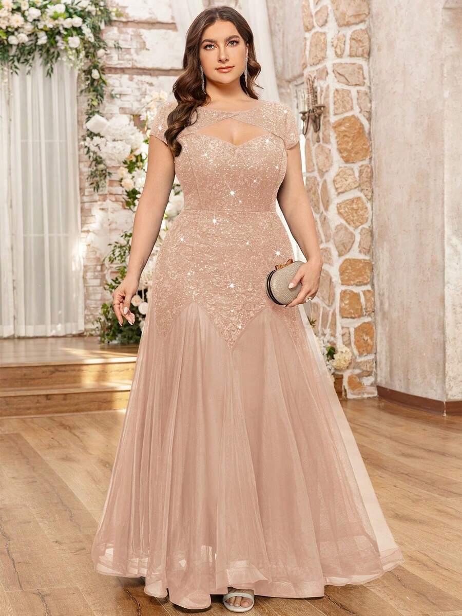 Vestido maxi elegante de talla grande con contraste de color de encaje con lentejuelas, volantes y malla, adecuado para gala de noche, fiesta de graduación, boda, cumpleaños y otras ocasiones de verano - Champán - Ver 1