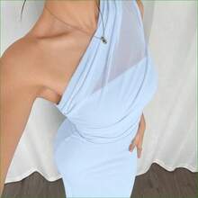 . .  Vestido maxi ajustado de estilo elegante y romántico, con cuello asimétrico, adecuado para fiesta, vacaciones en la playa, vuelta al colegio, citas románticas, temporada de bodas, cumpleaños, Pascua, primavera/verano - Celeste - Ver 7