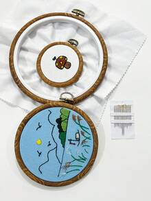[19件組]仿木紋圓形刺繡框套組，包含8.2cm、13.7cm、17.3cm三種常用尺寸刺繡框及16支金尾刺繡針，適用於裝飾性刺繡創作，手工DIY工具組 - 仿古圓形 - 查看 5