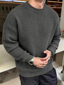 Men's Casual Jacquard Knit Crew Neck Long Sleeve Sweater - Dark Grey - View 2