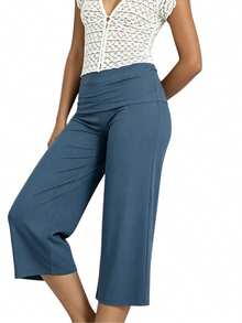 Womens Wide Leg Capris Casual Fold Over Waist Stylish Solid Color Mid Rise Cropped Pants - Teal Blue - View 2