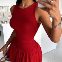 Vestido corto rojo de cuello redondo y sin mangas DEAR MOLLY para mujer, adecuado para usar como vestido de noche, perfecto para salidas, fiestas y citas en primavera - Rojo - Ver 3