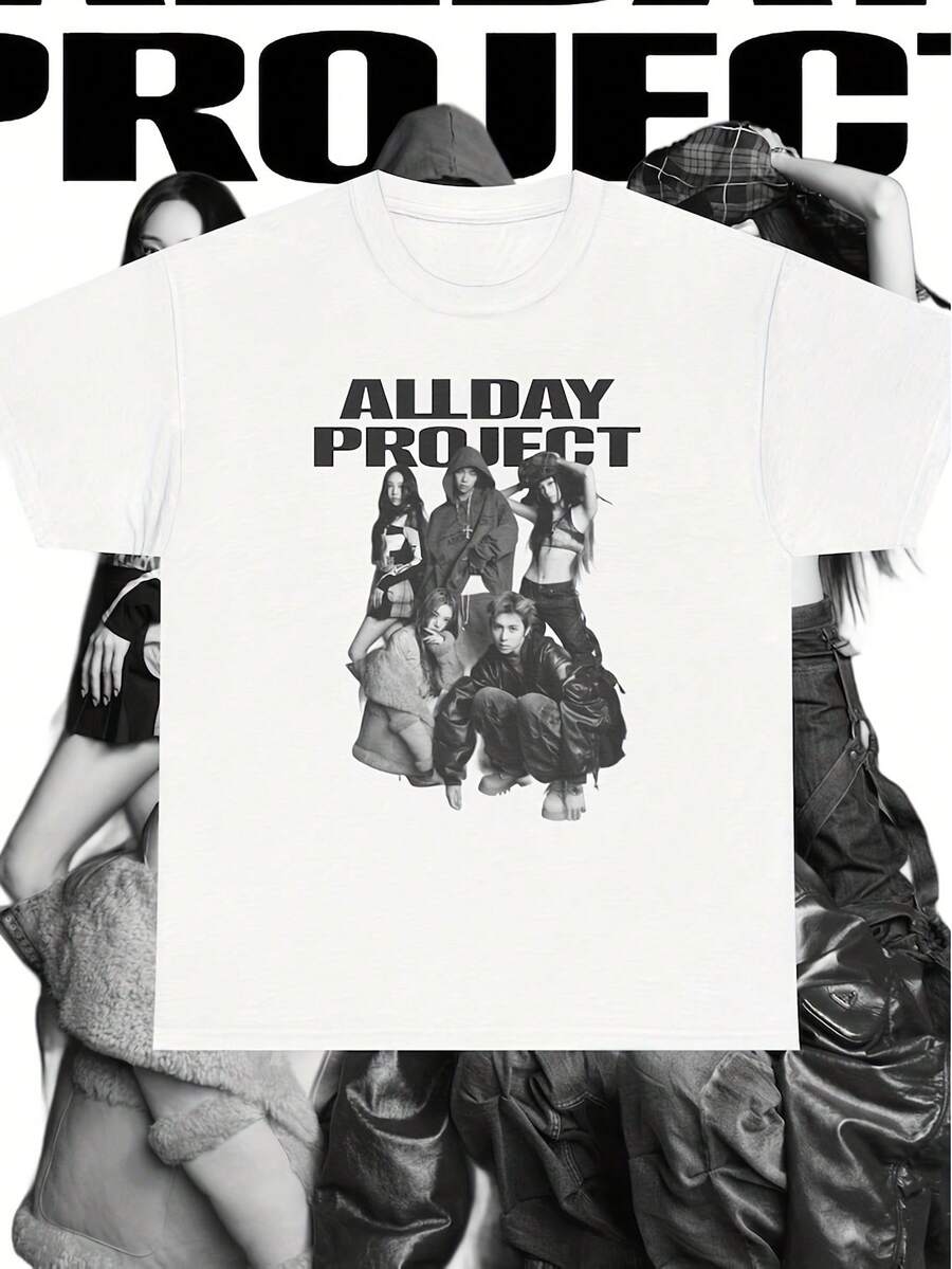 100 % Baumwolle. Lässiges Kurzarm-T-Shirt mit Print. K-Pop 1pacALLDAY PROJECT Unisex-T-Shirt im koreanischen Streetwear-Y2K-Stil mit ikonischem Logo, ideales Geschenk für Idole und neue K-Pop-Fanbekleidung (maschinenwaschbar). Perfekt für Frühling/Sommer. - Weiss - Übersicht 1