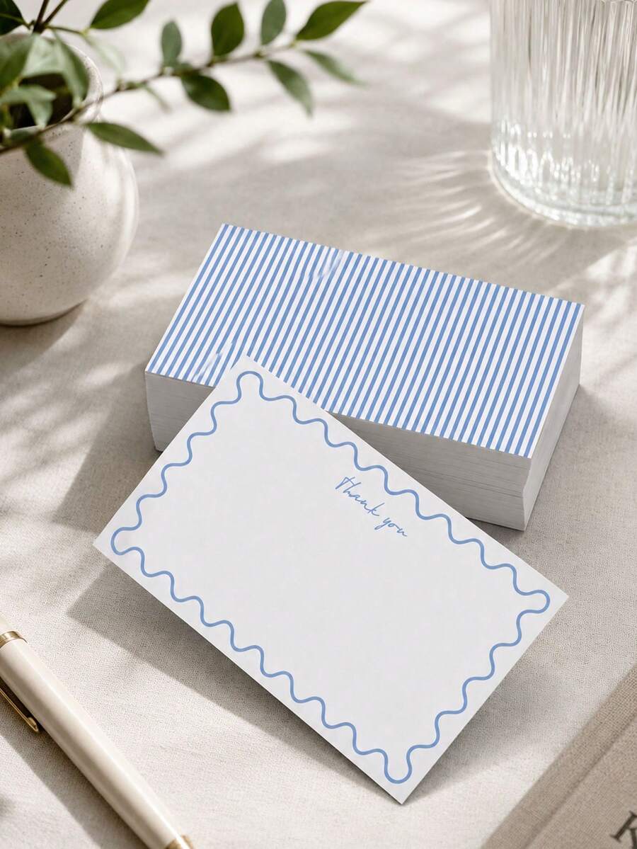 100 buah Kartu Ucapan Gaya Minimalis Segar, Desain Gelombang Garis Biru & Putih, Cocok untuk Pernikahan, Pesta Ulang Tahun, dan Acara Lainnya, Kartu Ucapan Terima Kasih Kosong DIY - Garis dua sisi - View 1