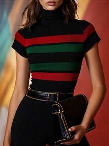 ii Contrast Stripe Turtleneck Short Sleeve Knit Top Black Summer - Black - View 1
