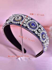 1pc Luxury Rhinestone Headband Handmade Fashion Wide Band Hair Accessory Suitable For Wedding Holiday Party Women - Blue - View 7