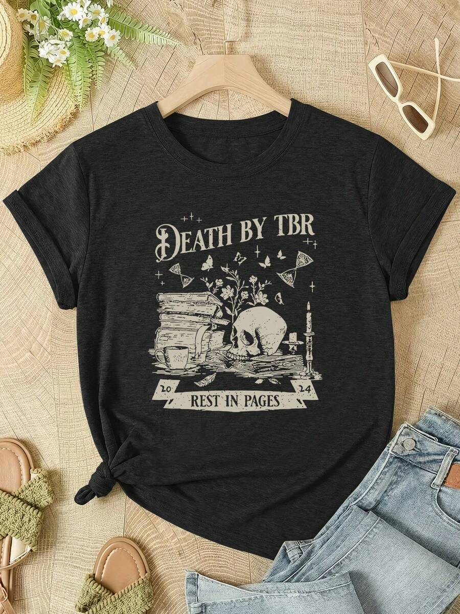 Women's European Summer Short-Sleeve T-Shirt With Graphic Print, Fashionable Street Style, Comfortable Casual Sports T-Shirt With Crew Neck, Versatile Choice For Everyday Wear And Outdoor Activities - 黑色 - 查看 1