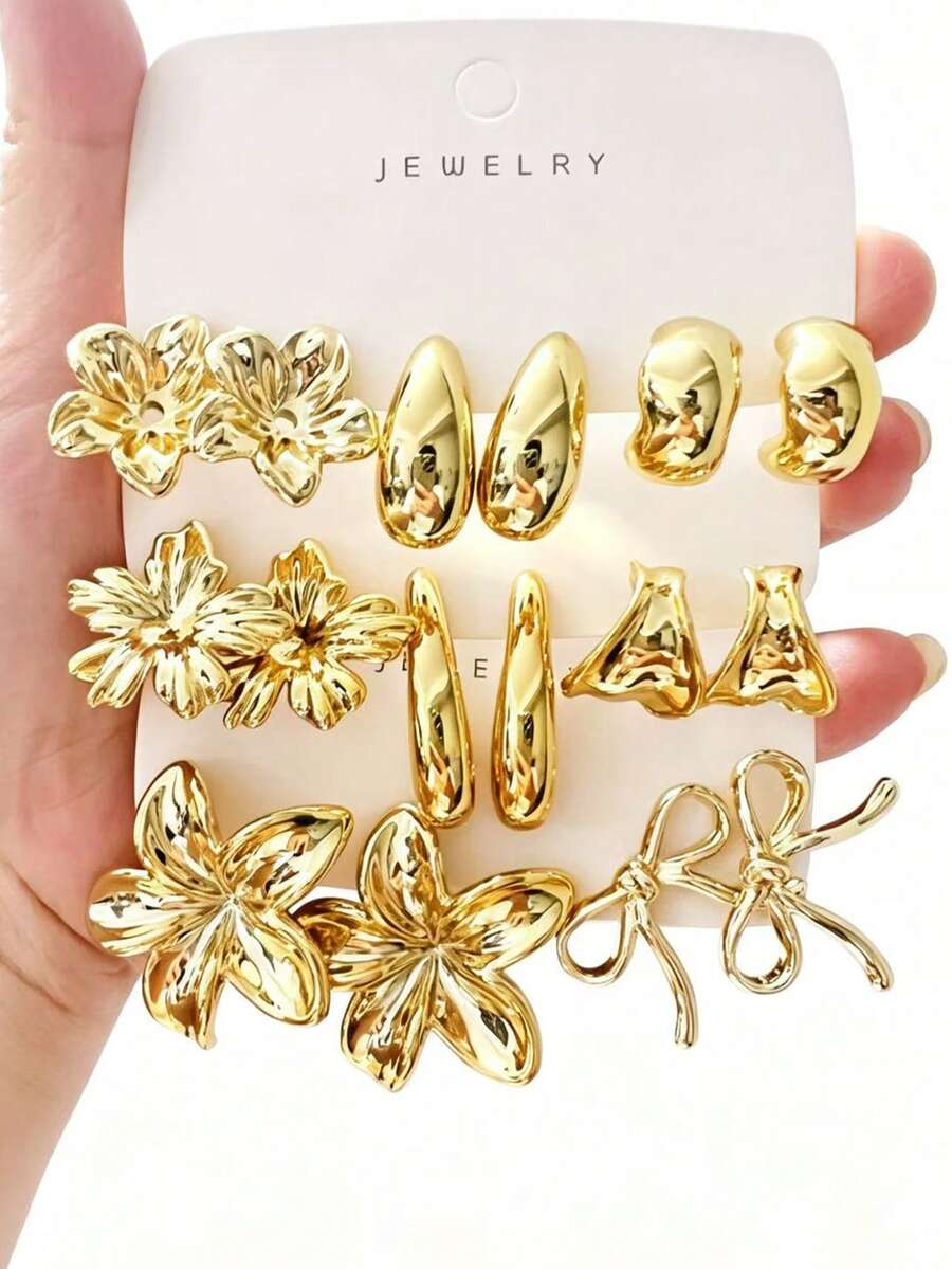 4/16PCS Fashionable Elegant Large Hollow Floral Leaf Geometric Multi- Gold Metallic Earring Set, Women's Fashion Earring Set, Daily Wear, (Lightweight CCB Material, Non-Fading/No Ear-Pulling Sensation)