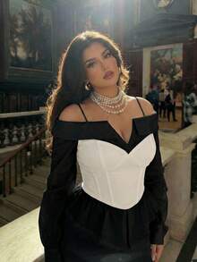 MOD Blusa elegante de hombros descubiertos en negro y blanco para mujer de talla grande, de estilo minimalista, para uso casual diario, ropa de calle, oficina, de manga larga, elegante para Año Nuevo, gótica, para salir, fiesta, casual para mujer, carnaval, top de verano - Negro - Ver 1