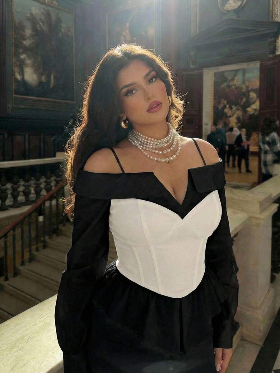 MOD Blusa elegante de hombros descubiertos en negro y blanco para mujer de talla grande, de estilo minimalista, para uso casual diario, ropa de calle, oficina, de manga larga, elegante para Año Nuevo, gótica, para salir, fiesta, casual para mujer, carnaval, top de verano - Negro - Ver 1