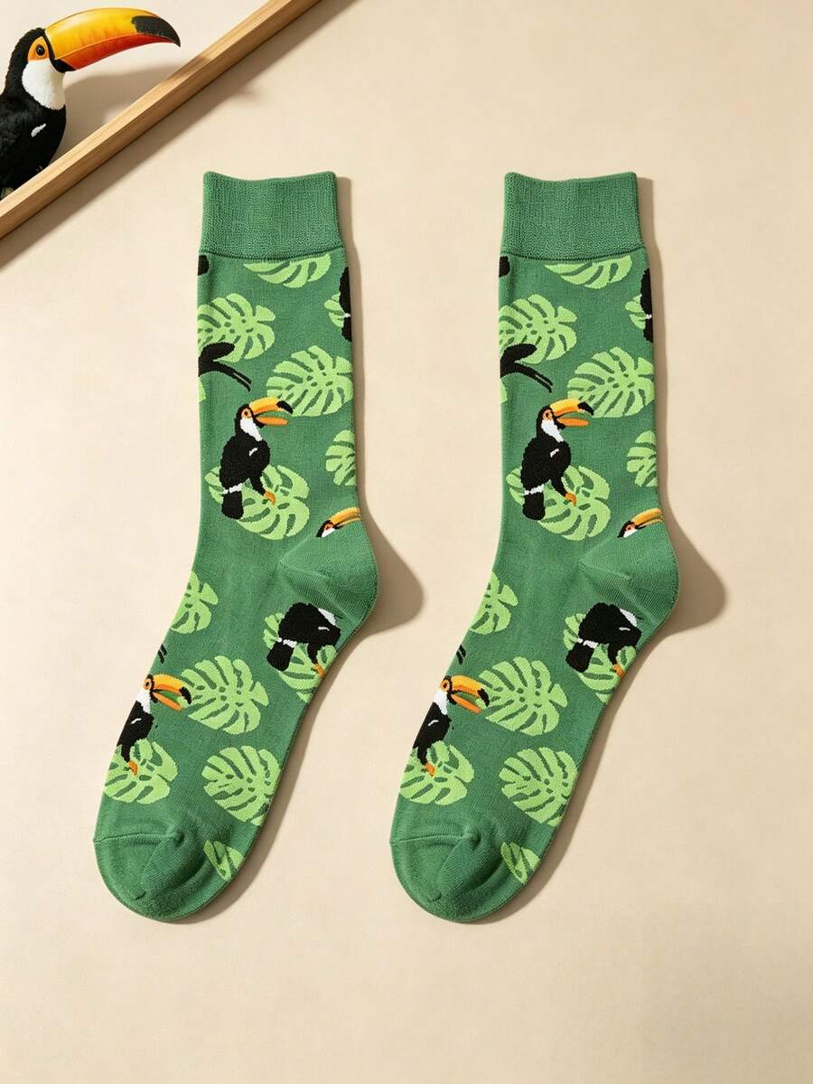 1/3/5雙男士卡通鳥襪，柔軟日常休閒穿著，動物愛好者與派對的理想禮物，秋冬夏季中性必備襪子