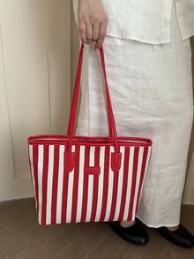 European And American Cross-Border Personalized Large Capacity Striped Minimalist Printed Tote Bag, New Women's Rhombus Commuter Shoulder Bag - Red - View 2