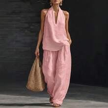 Plus-Size Suit With Halter Neck And V-Neck, Cotton-Linen Blend, Suitable For Commuting, Plus-Size For Slightly Plump Individuals - Caramel Color - View 7